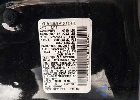 2017 Nissan Rogue Sv z USA, uszkodzony, nr VIN JN8AT2MT3HW406167